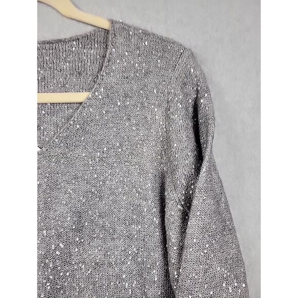 Chico's Samantha Shine Gray Sequined LS V Neck Lace Hem Sweater Women's 4 US 2XL - Picture 4 of 13